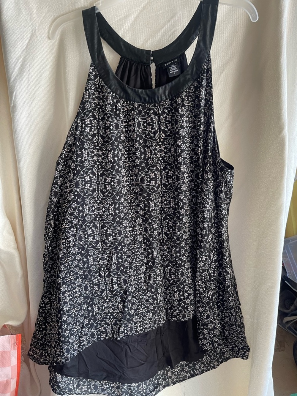 torrid Black and White Floral High-Neck Tank with Faux Leather Trim